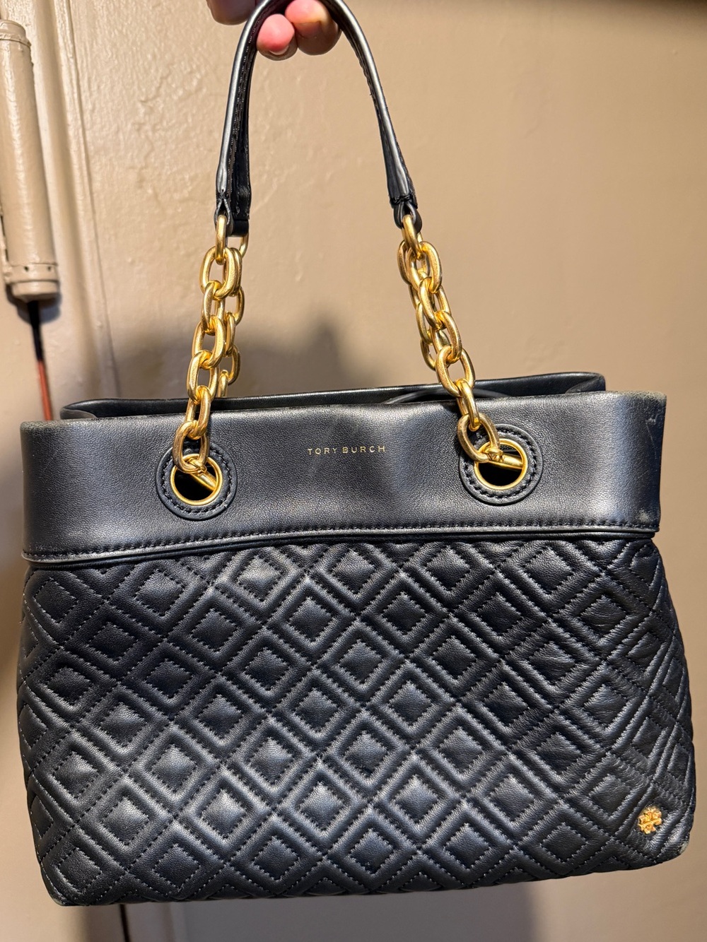 Tory Burch Black Quilted Leather Shoulder Bag with Gold Chain Handles